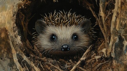 Naklejka premium A hedgehog's face peeking out from a hideaway or burrow, with only its eyes and nose visible.