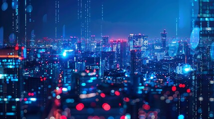 Smart City with Holographic Data Overlay, Business Theme, Simple, Blue