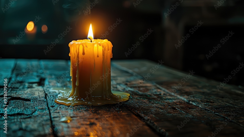 Poster a glowing candle illuminates a rustic wooden table, creating a warm and inviting atmosphere with sof