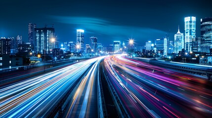 Fototapeta premium Smart City with Speed Line Light Trail, Big Data Connection, Business Theme, Simple Design, Blue Hue