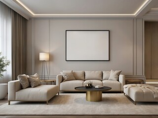 Modern living room with beige furniture, a large framed picture, and a golden coffee table
