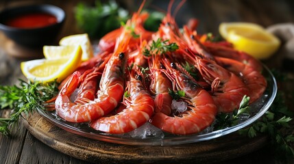 A glass tray showcases vibrant red prawns, herbs, lemon, and sauce, inviting you to savor freshness.