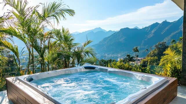 A luxurious hot tub with scenic mountain views, surrounded by palm trees, perfect for relaxation and leisure.