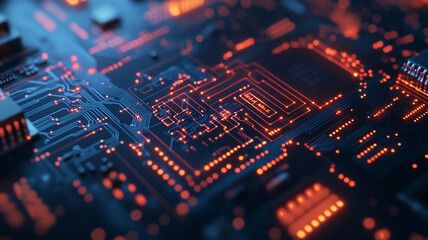 Detailed close-up of a circuit board illuminated by glowing orange lights at night