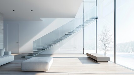 Obraz premium A modern interior featuring a minimalist staircase, large windows, and serene winter scenery for a bright and airy atmosphere.