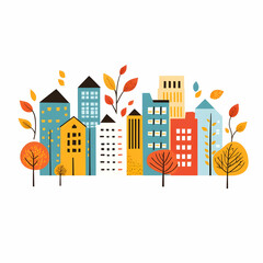 Vibrant Modern Cityscape Illustration with Tall Buildings and Autumn Trees