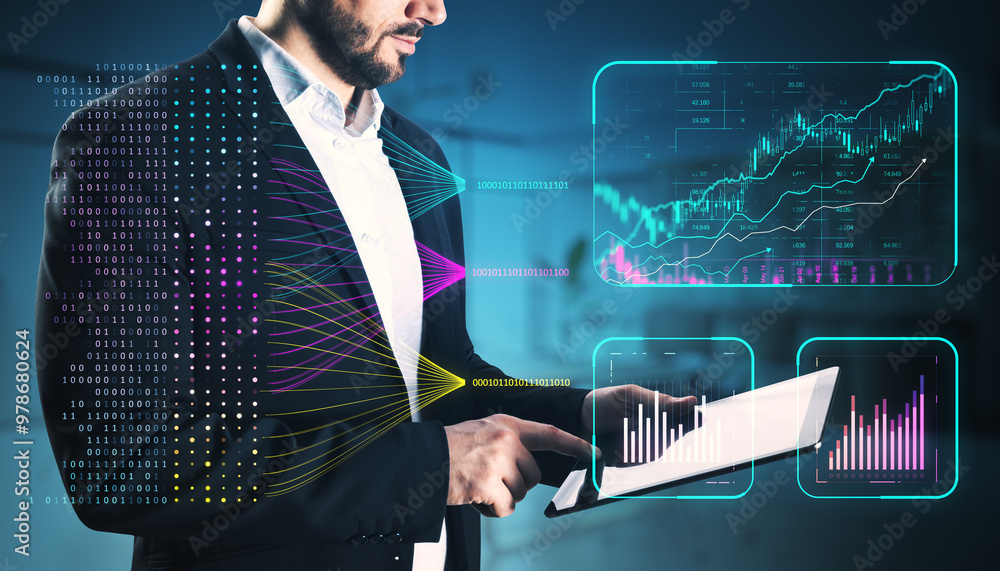 Aufkleber Close up of businessman hands using pad with creative glowing business chart and ai binary code nodes on blurry background. Virtual marketing and finance concept. Double exposure.