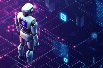 A futuristic robot stands amidst a digital landscape filled with glowing data elements.
