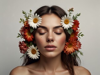 Woman in a Floral Crown with White and Orange Flowers