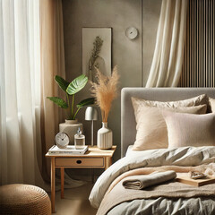 A cozy, minimalist bedroom with neutral tones, soft pillows, a bedside table, and natural plants, offering a serene atmosphere filled with soft morning light