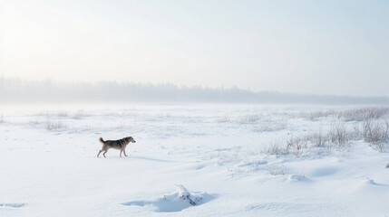 Naklejka premium A lone dog walking through a snowy field in Oymyakon, Siberia harsh winter in full effect.
