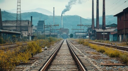 Fototapeta premium A scenic view of abandoned railway tracks leading to industrial structures, surrounded by nature and distant mountains.