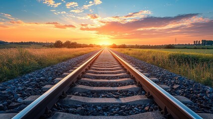 A scenic view of railway tracks leading into a vibrant sunset, surrounded by lush fields and colorful sky.