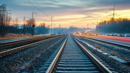 Fototapeta premium A scenic view of railway tracks stretching into the horizon, illuminated by a beautiful sunset, capturing the essence of travel.