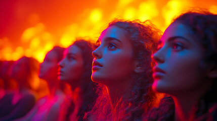 Obraz premium Women Watching a Show in Red and Blue Light Photography