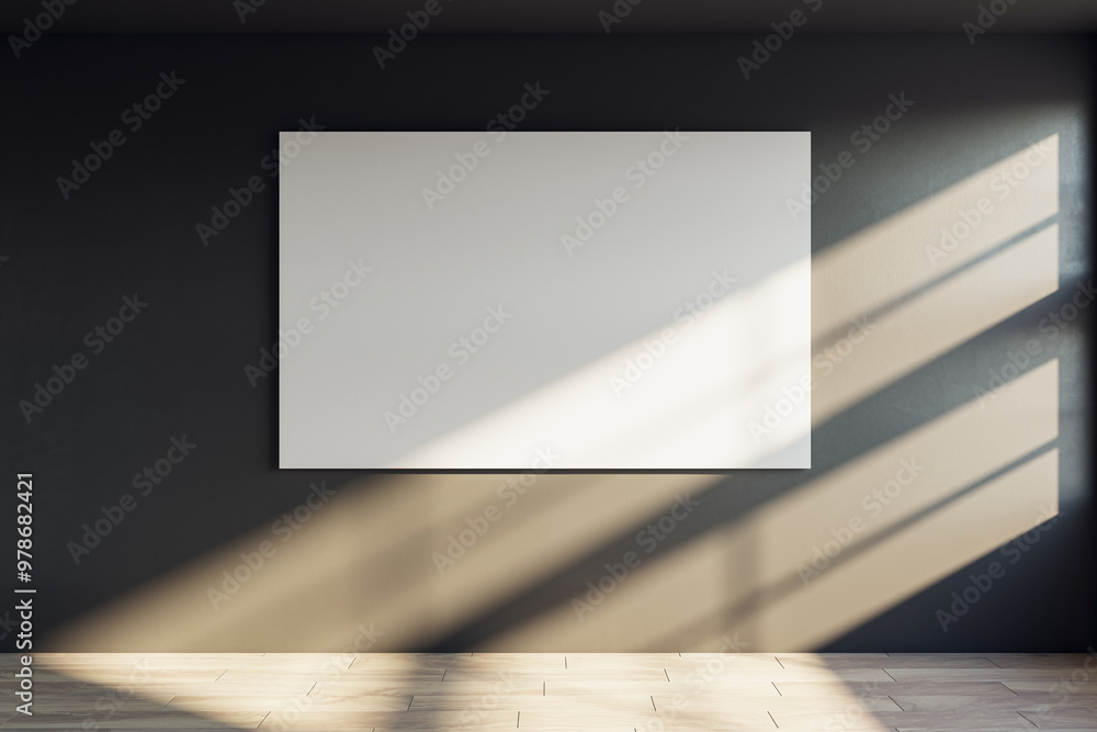 Poster modern gallery interior with empty white banner and shadows on dark concrete wall. mock up, 3d rende