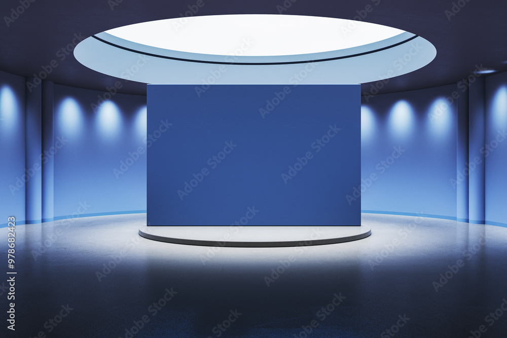 Aufkleber futuristic blue interior with round pedestal and empty mock up banner. 3d rendering.