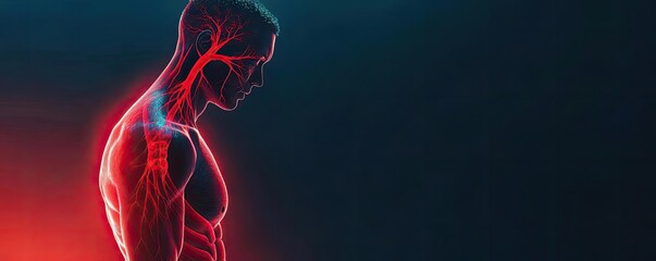 A detailed illustration of the human anatomy showing veins and arteries against a dark background, emphasizing blood flow and health.
