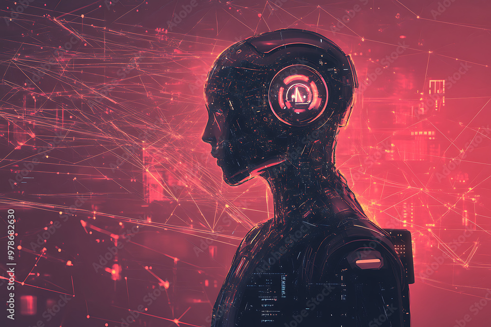 Poster a futuristic robot silhouette against a digital backdrop of networks and data visualization.