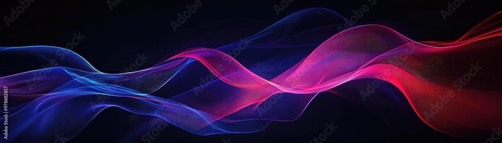 Poster abstract swirling waves of vibrant colors on a dark background, creating a dynamic and modern visual