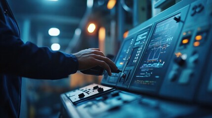 Close-up of technology industry workers managing digital control panels and automated systems, modern industrial setting