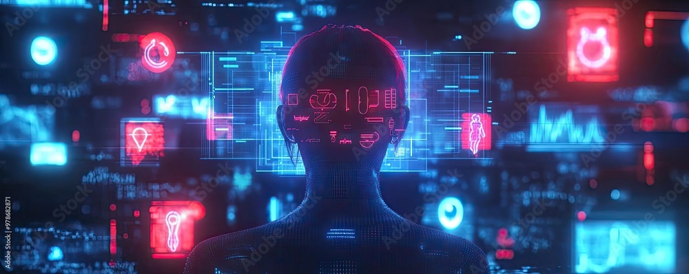 Poster futuristic digital interface showcasing data analytics and ai technology, featuring a humanoid silho