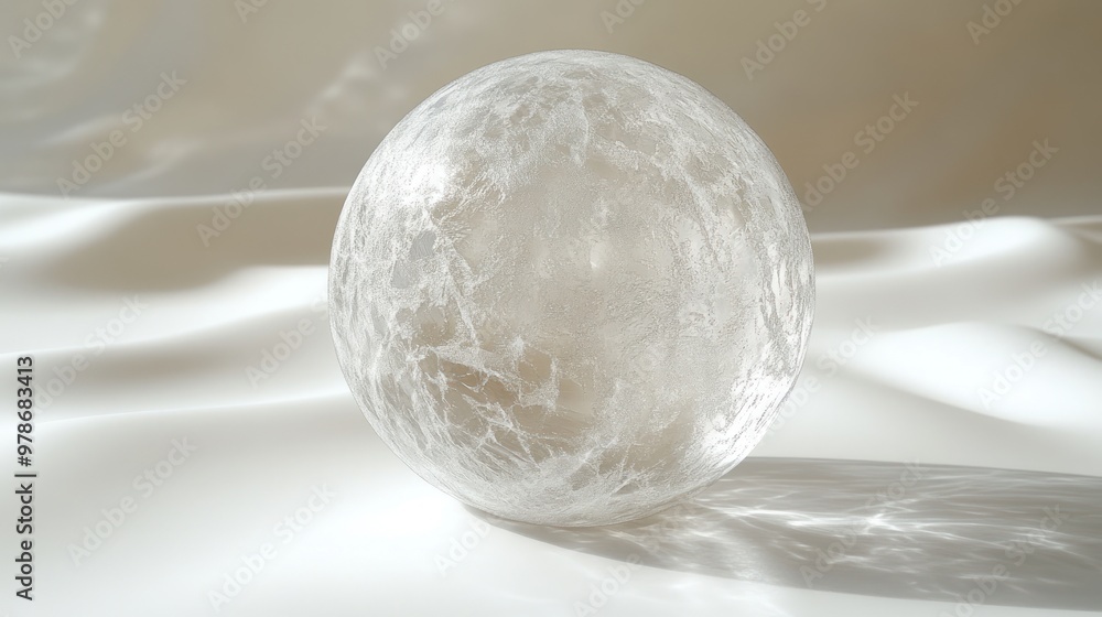 Poster a translucent sphere resting on a smooth surface, reflecting light.