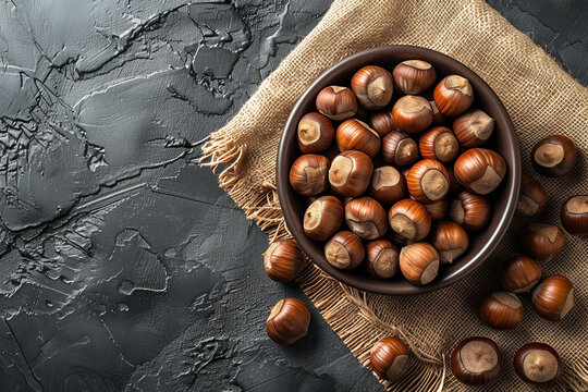Spanish chestnuts on jute tablecloth on rustic table. Copy space.