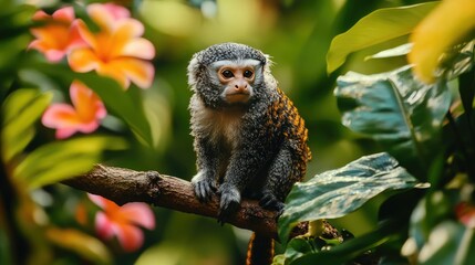 Fototapeta premium A marmoset monkey perched on a branch, with a backdrop of vibrant tropical flowers and greenery.