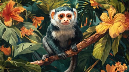 Obraz premium A marmoset monkey perched on a branch, with a backdrop of vibrant tropical flowers and greenery.
