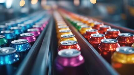 A vibrant assembly line of colorful beverage cans ready for packaging.