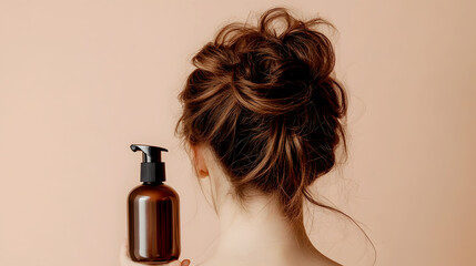 bottle of Korean hair spray next to a messy bun hairstyle, with the texture and volume perfectly