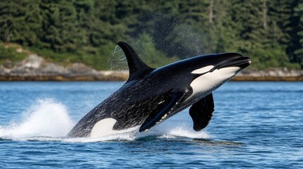 Obraz premium Witness the majestic killer whales in their natural habitat during a thrilling whale watching adventure off the coast of Vancouver Island.