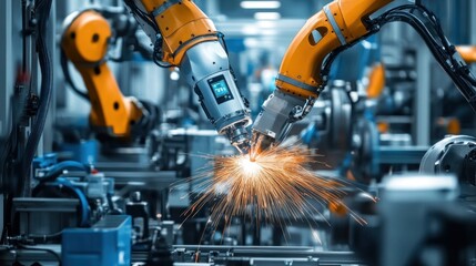 Robotic arms working in a manufacturing environment, creating sparks during assembly.