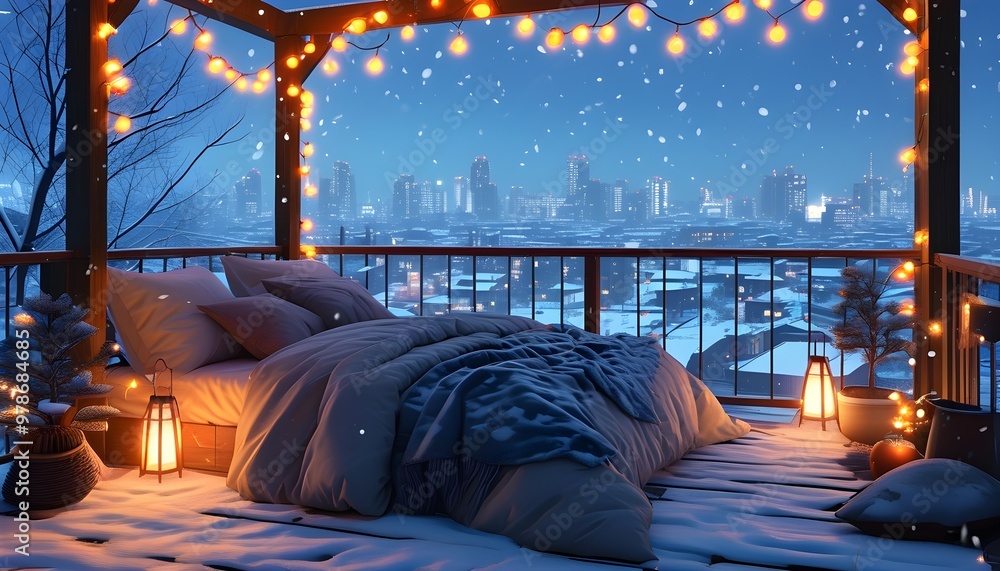 Wall mural Cozy rooftop retreat adorned with fairy lights and blankets under winter night snowfall in enchanting cityscape, captured in anime Lofi style