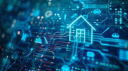 Obraz premium Smart Home Theme, Technology Concept, Modern Living, Blurred Background, Blue Hue