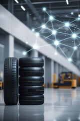 Industrial storage of piles of car tires in an organized warehouse setting