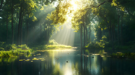 Obraz premium Sunlight Through Trees Reflecting in Lake Water