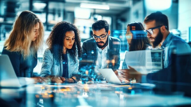 Group of high-tech workers in a smart factory, collaborating on complex tasks with cutting-edge technology, innovation in production