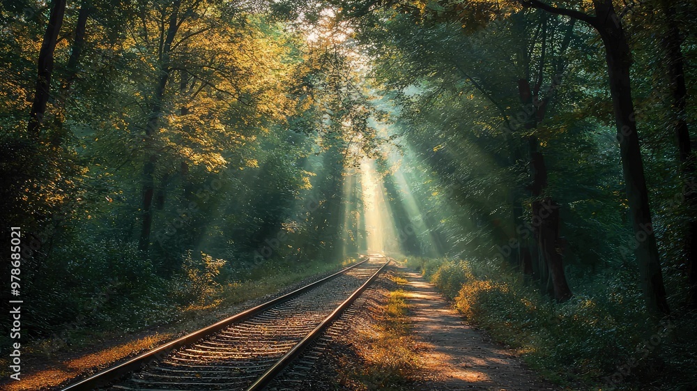 Poster a serene railway track nestled in a lush forest, illuminated by soft rays of sunlight filtering thro