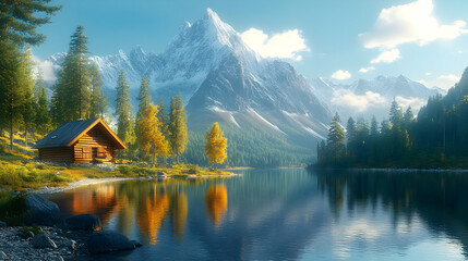 Fototapeta premium Mountain Cabin on the Lake Realistic Illustration