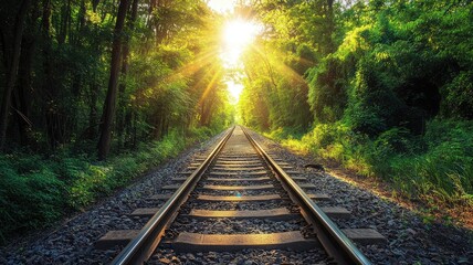Obraz premium A serene railway track surrounded by lush greenery and sunlight streaming through trees, creating a peaceful nature scene.