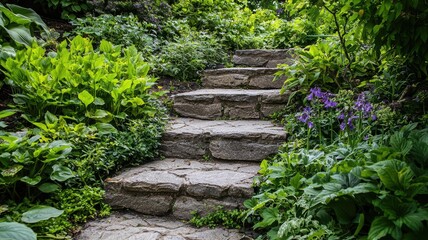 Obraz premium A serene stone pathway surrounded by lush greenery and vibrant flowers, inviting peaceful walks through nature's beauty.