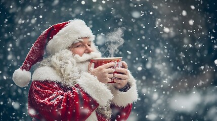 10. Magical winter scene of Santa drinking hot cocoa while snowflakes fill the sky behind him