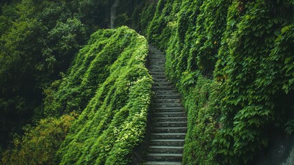 Fototapeta premium A serene stone staircase enveloped in lush green foliage, inviting exploration into a verdant natural escape.