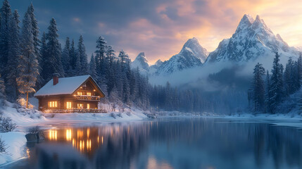 Winter Cabin by the Lake with Mountain View - 3D Illustration