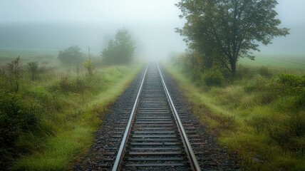 Fototapeta premium A serene view of a misty railway track disappearing into the fog, surrounded by lush greenery and a solitary tree.