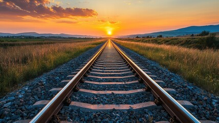 Obraz premium A serene view of a railway track stretching towards a stunning sunset over mountains and fields, ideal for conveying adventure.
