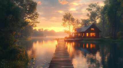 Fototapeta premium Cabin by the Lake at Sunset