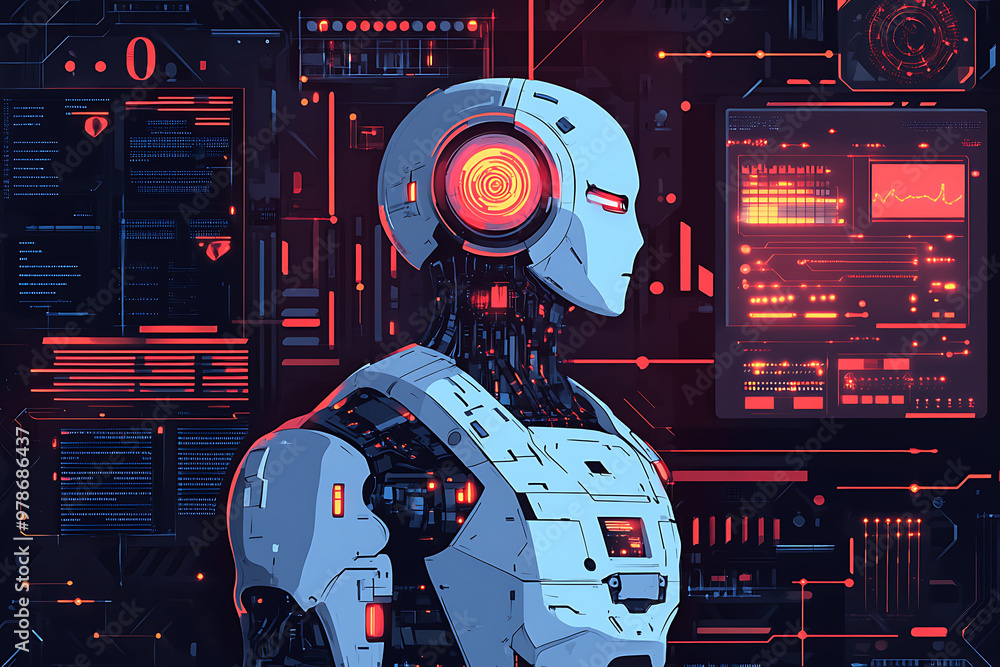 Poster a futuristic robot with glowing features against a high-tech background of data displays.